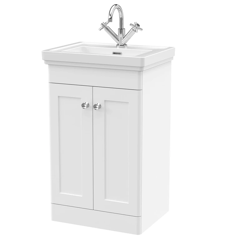 nuie CLC123A Classique Traditional Bathroom Floor Standing 2 Door Vanity Basin Unit with 1 Tap Hole Fireclay Basin, 500mm, Satin White