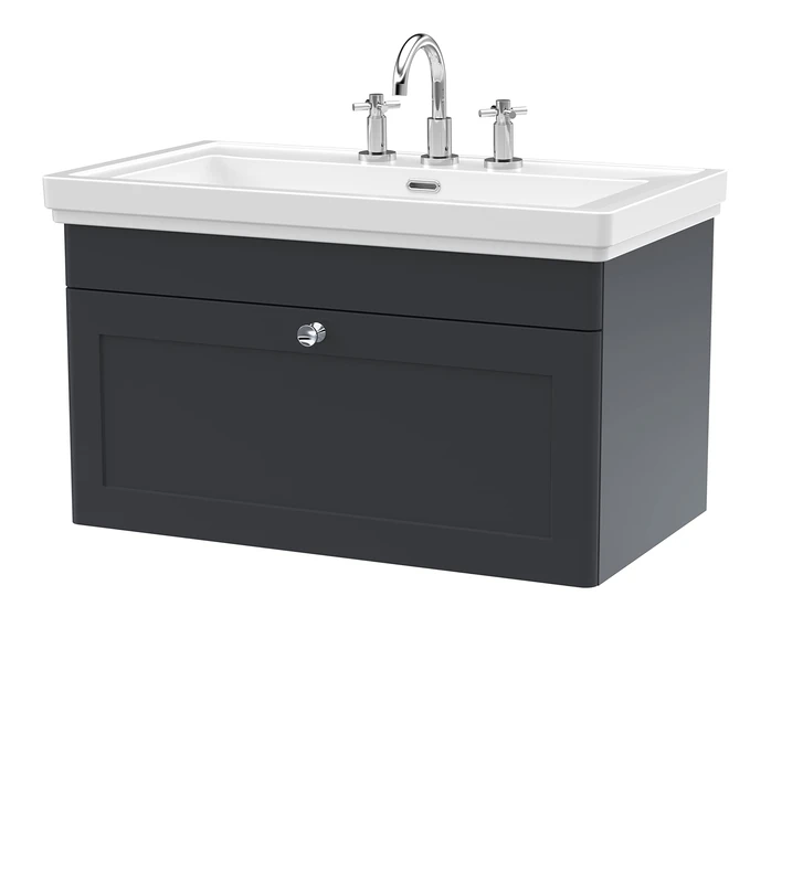 nuie CLC1496B Classique Traditional Bathroom Wall Hung 1 Drawer Vanity Unit with 3 Tap Hole Fireclay Basin, 800mm, Soft Black
