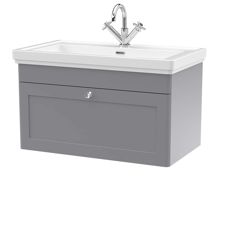 nuie CLC296A Classique Traditional Bathroom Wall Hung 1 Drawer Vanity Unit with 1 Tap Hole Fireclay Basin, 800mm, Satin Grey