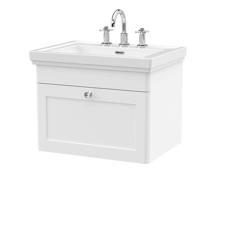 nuie CLC194B Classique Traditional Bathroom Wall Hung 1 Drawer Vanity Unit with 3 Tap Hole Fireclay Basin, 600mm, Satin White