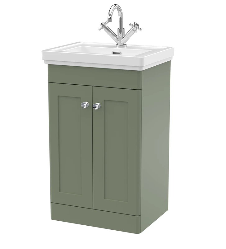 nuie Traditional Bathroom Floor Standing 2 Door Vanity Unit with 1 Tap Hole Fireclay Basin, 500mm, Satin Green