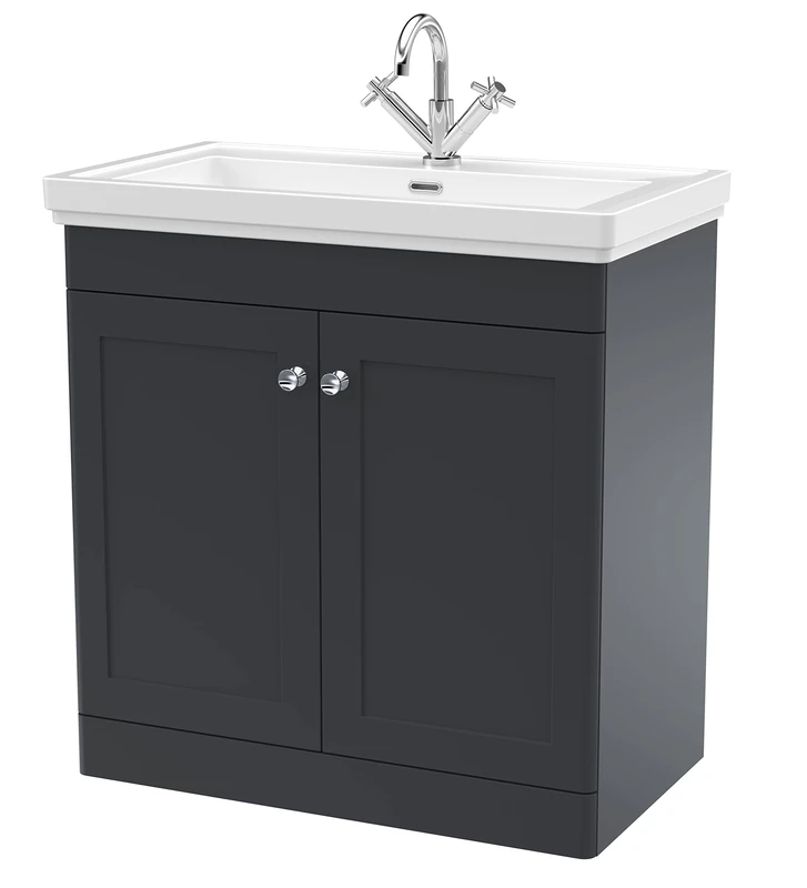 nuie CLC1426A Classique Traditional Bathroom Floor Standing 2 Door Vanity Unit with 1 Tap Hole Fireclay Basin, 800mm, Soft Black