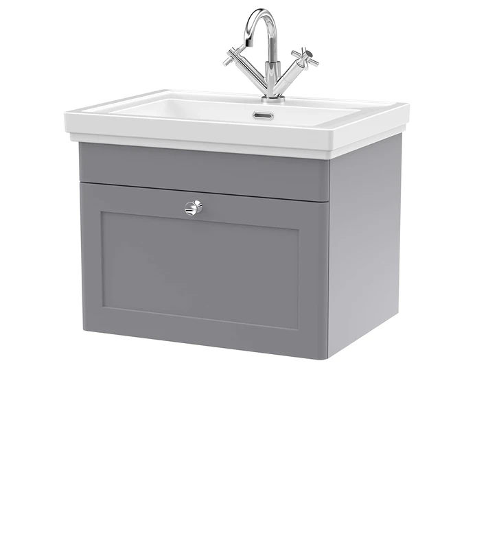 nuie CLC294A Classique Traditional Bathroom Wall Hung 1 Drawer Vanity Unit with 1 Tap Hole Fireclay Basin, 600mm, Satin Grey