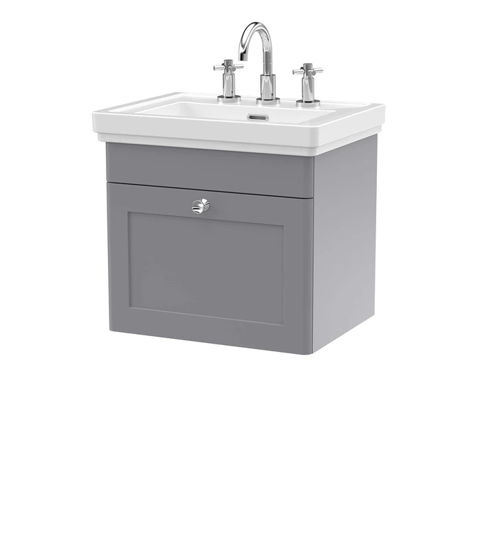 nuie CLC291B Classique Traditional Bathroom Wall Hung 1 Drawer Vanity Unit with 3 Tap Hole Fireclay Basin, 500mm, Satin Grey