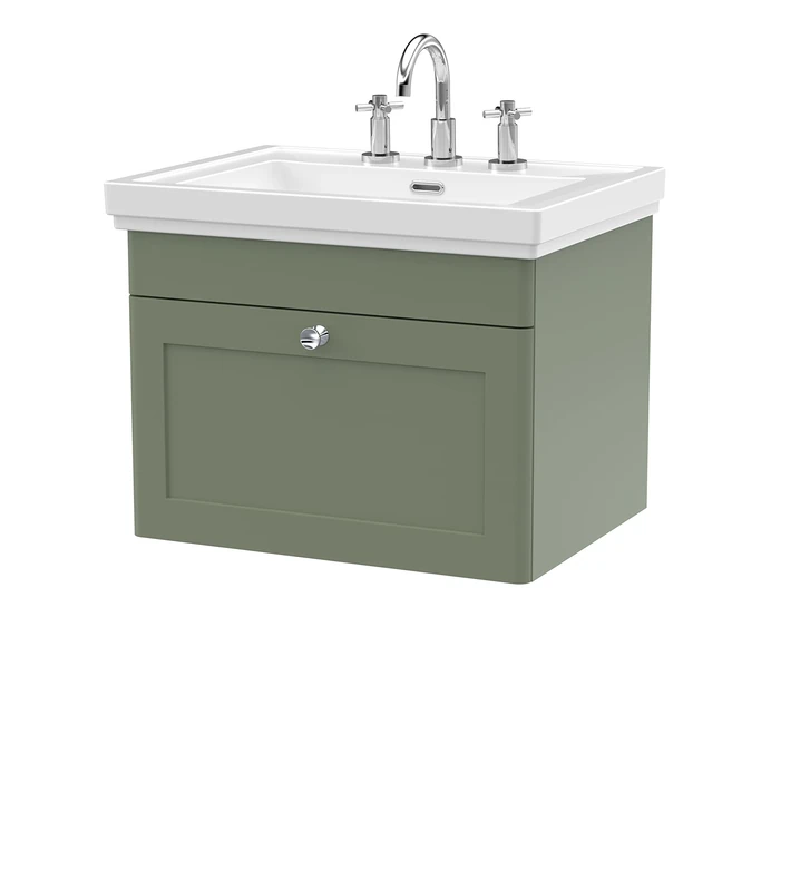 nuie CLC894B Classique Traditional Bathroom Wall Hung 1 Drawer Vanity Unit with 3 Tap Hole Fireclay Basin, 600mm, Satin Green