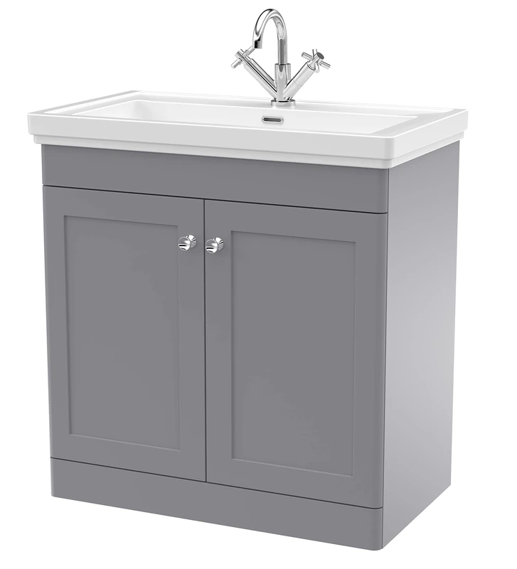 nuie CLC226A Classique Traditional Bathroom Floor Standing 2 Door Vanity Basin Unit with 1 Tap Hole Fireclay Basin, 800mm, Satin Grey