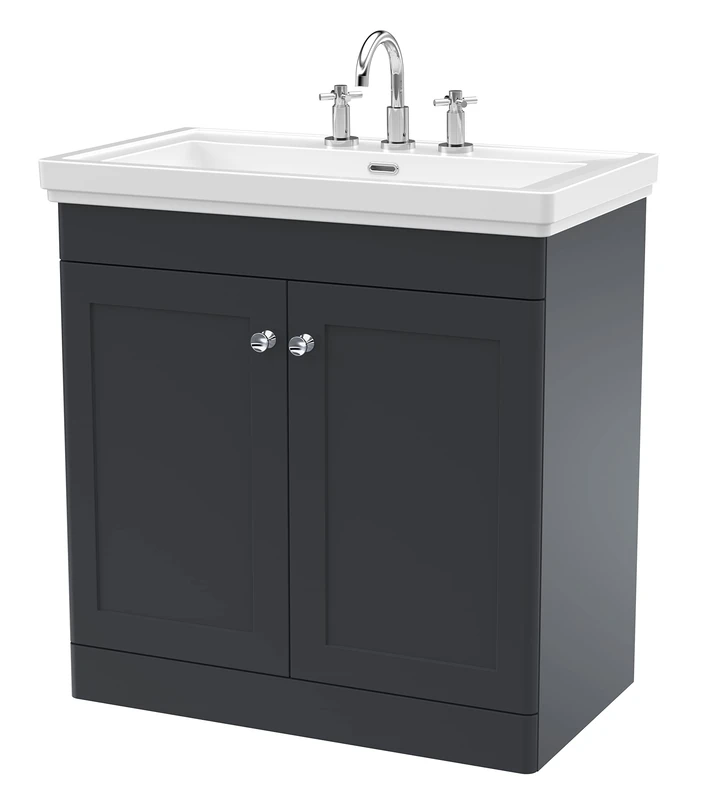 nuie CLC1426B Classique Traditional Bathroom Floor Standing 2 Door Vanity Unit with 3 Tap Hole Fireclay Basin, 800mm, Soft Black