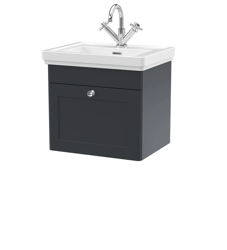 nuie CLC1491A Classique Traditional Bathroom Wall Hung 1 Drawer Vanity Unit with 1 Tap Hole Fireclay Basin, 500mm, Soft Black