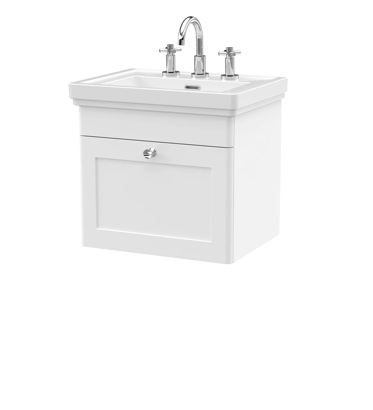nuie CLC191B Classique Traditional Bathroom Wall Hung 1 Drawer Vanity Unit with 3 Tap Hole Fireclay Basin, 500mm, Satin White
