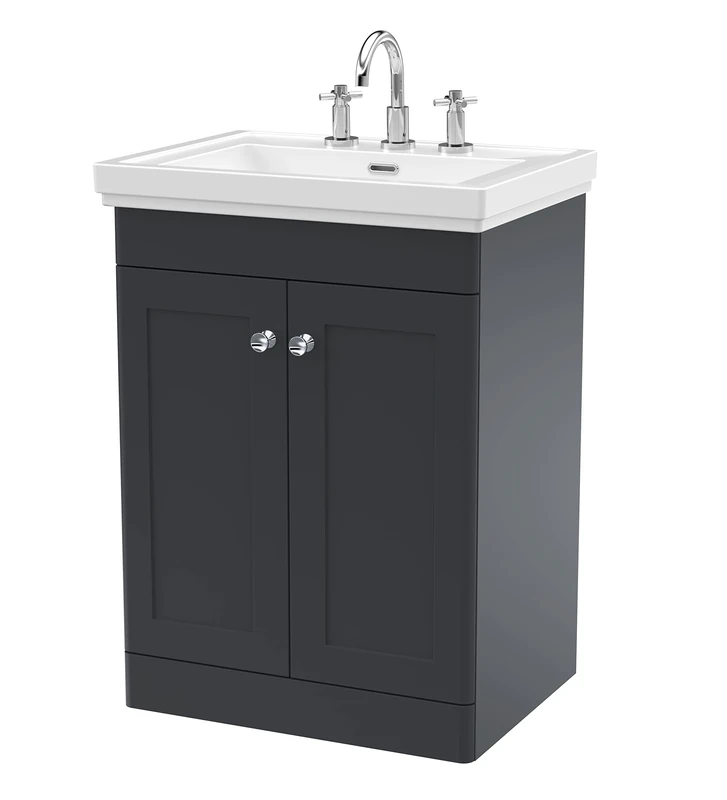 nuie CLC1425B Classique Traditional Bathroom Floor Standing 2 Door Vanity Unit with 3 Tap Hole Fireclay Basin, 600mm, Soft Black