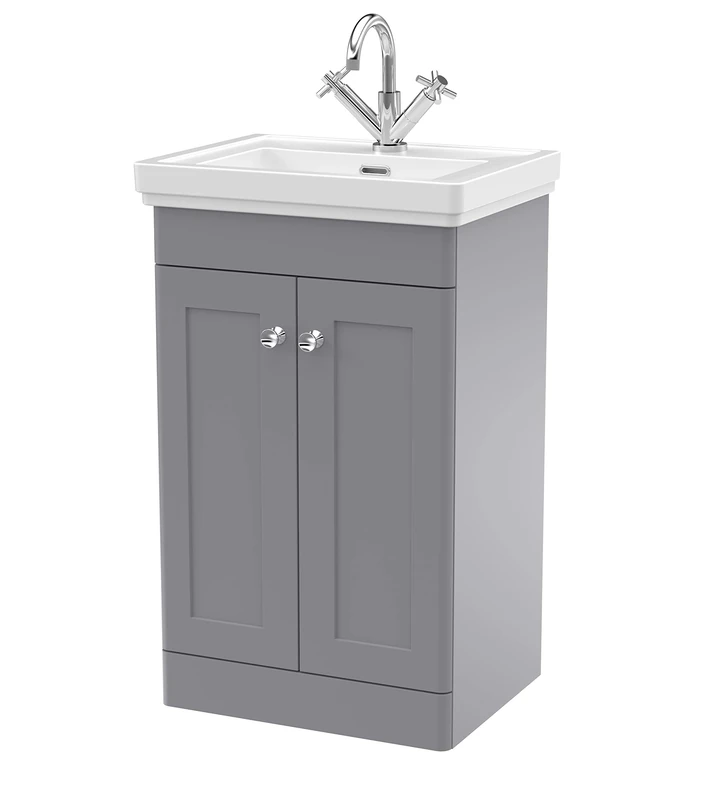 nuie CLC223A Classique Traditional Bathroom Floor Standing 2 Door Vanity Unit with 1 Tap Hole Fireclay Basin, 500mm, Satin Grey