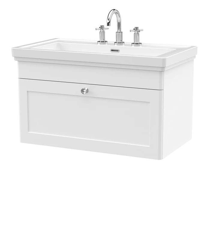 nuie CLC196B Classique Traditional Bathroom Wall Hung 1 Drawer Vanity Unit with 3 Tap Hole Fireclay Basin, 800mm, Satin White