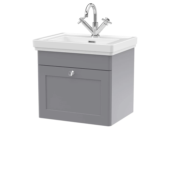 nuie CLC291A Classique Traditional Bathroom Wall Hung 1 Drawer Vanity Basin Unit with 1 Tap Hole Fireclay Basin, 500mm, Satin Grey