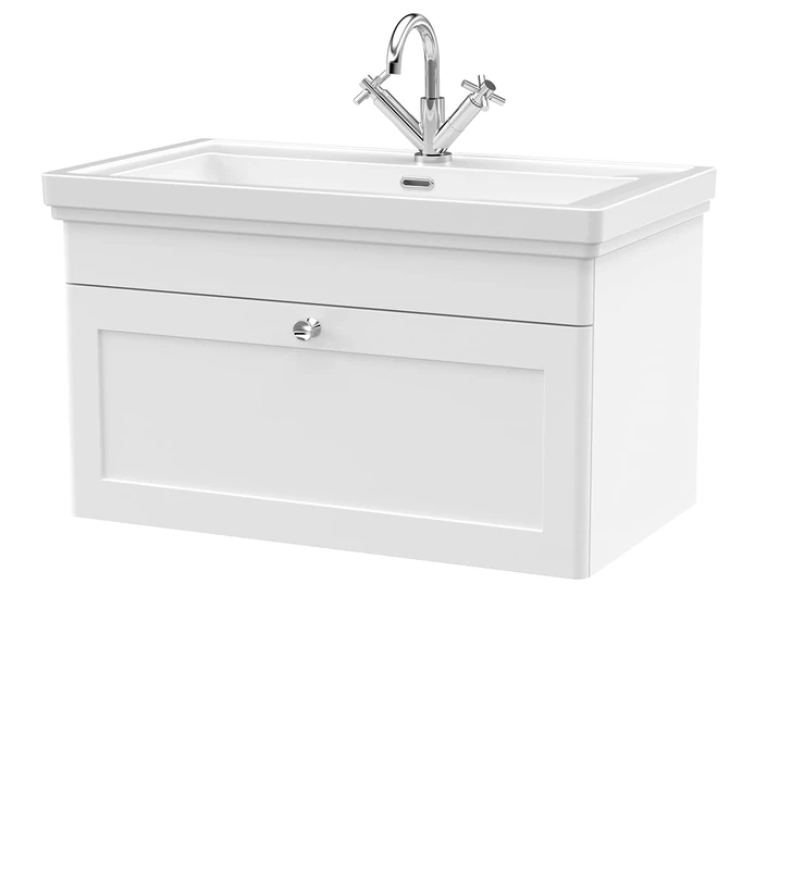 nuie CLC196A Classique Traditional Bathroom Wall Hung 1 Drawer Vanity Unit with 1 Tap Hole Fireclay Basin, 800mm, Satin White