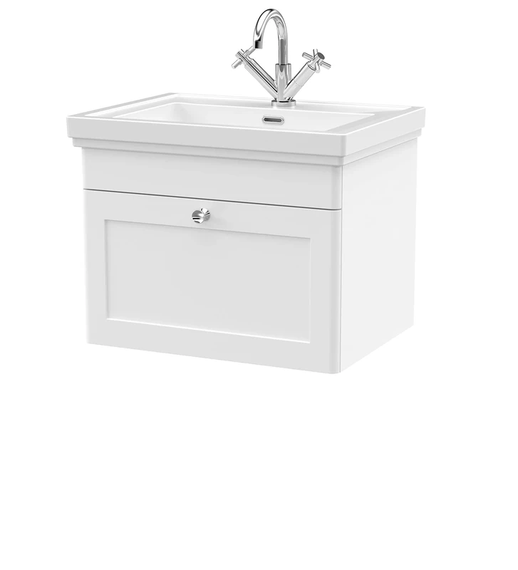 nuie CLC194A Classique Traditional Bathroom Wall Hung 1 Drawer Vanity Unit with 1 Tap Hole Fireclay Basin, 600mm, Satin White