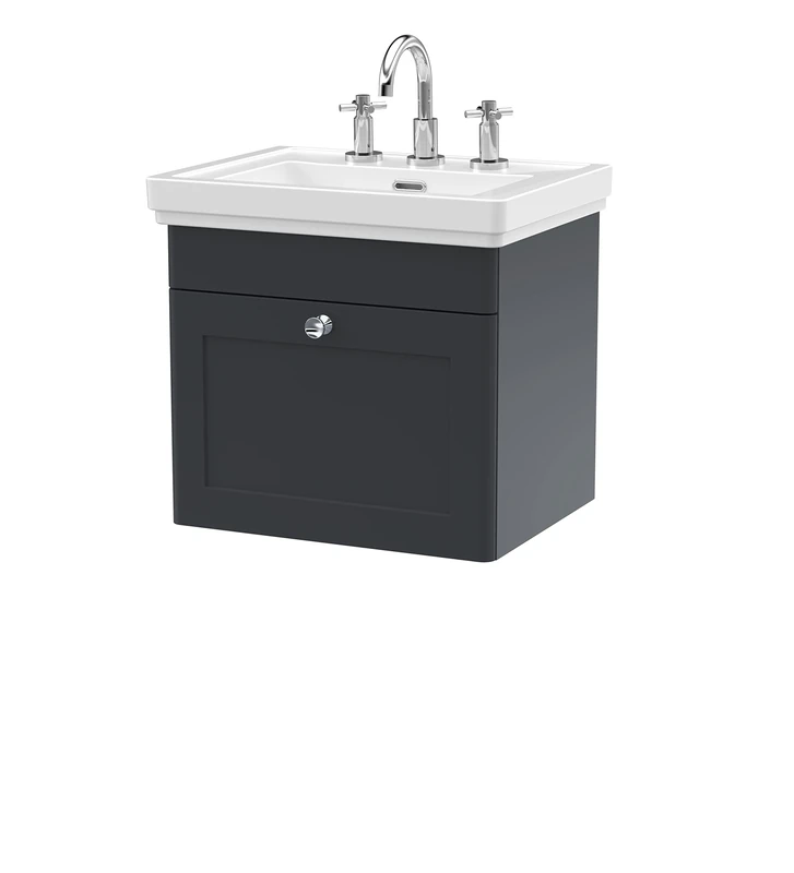 nuie CLC1491B Classique Traditional Bathroom Wall Hung 1 Drawer Vanity Basin Unit with 3 Tap Hole Fireclay Basin, 500mm, Soft Black