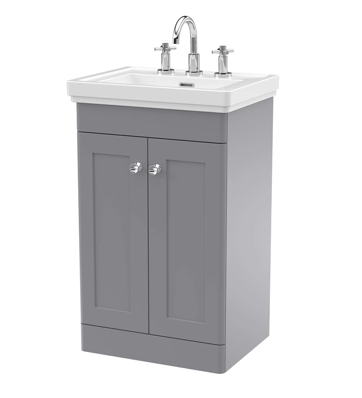 nuie CLC223B Classique Traditional Bathroom Floor Standing 2 Door Vanity Unit with 3 Tap Hole Fireclay Basin, 500mm, Satin Grey