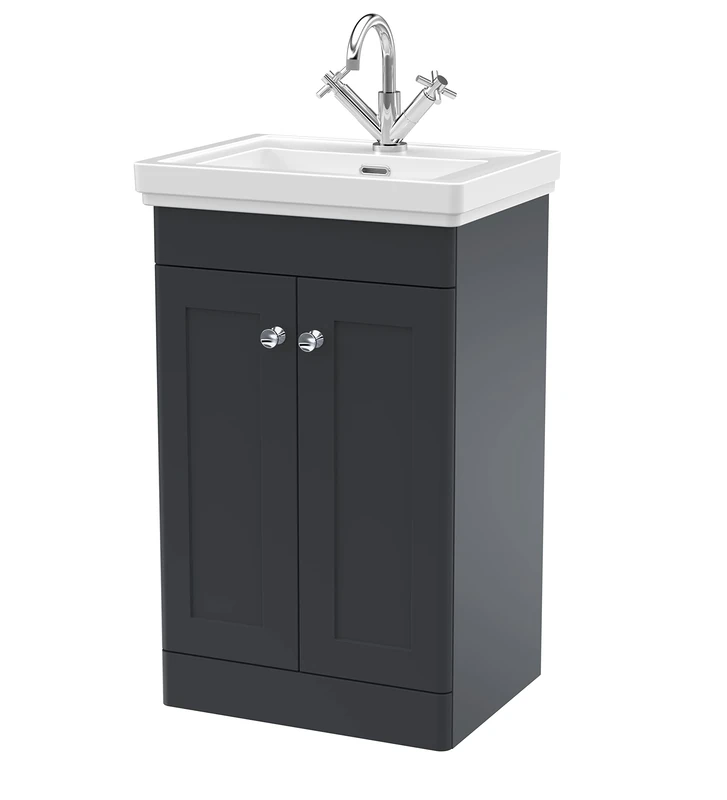 nuie CLC1423A Classique Traditional Bathroom Floor Standing 2 Door Vanity Unit with 1 Tap Hole Fireclay Basin, 500mm, Soft Black