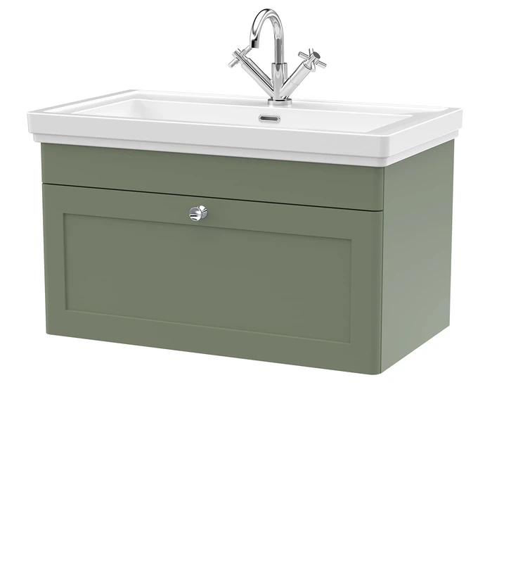 nuie CLC896A Classique Traditional Bathroom Wall Hung 1 Drawer Vanity Unit with 1 Tap Hole Fireclay Basin, 800mm, Satin Green