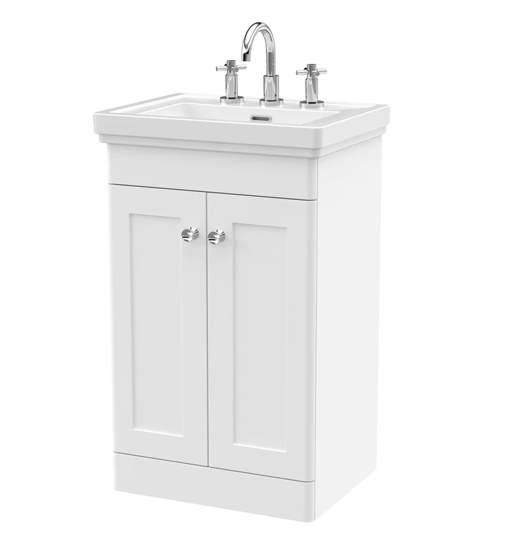 nuie CLC123B Classique Traditional Bathroom Floor Standing 2 Door Vanity Unit with 3 Tap Hole Fireclay Basin, 500mm, Satin White