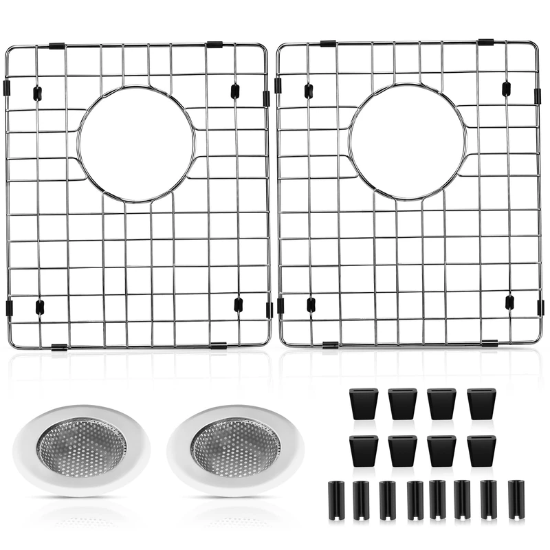 2 Pack Sink Protectors for Kitchen Sink W/Center Drain Hole,15"x12"x1.25" 304 Stainless Steel Sink Grid Protection,Sink Grate Sink Rack for Bottom of Sink w/ 2Pack Sink Strainers