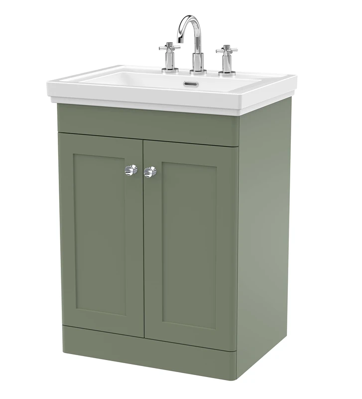 nuie CLC825B Classique Traditional Bathroom Floor Standing 2 Door Vanity Basin Unit with 3 Tap Hole Fireclay Basin, 600mm, Satin Green