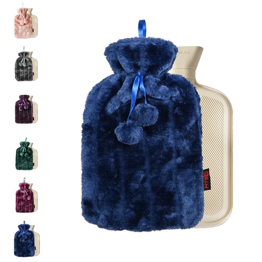 Ram® 2 Litre Cosy Navy Blue Luxury Hot Water Bottle with Faux Fur Cover and Pom Poms Blue