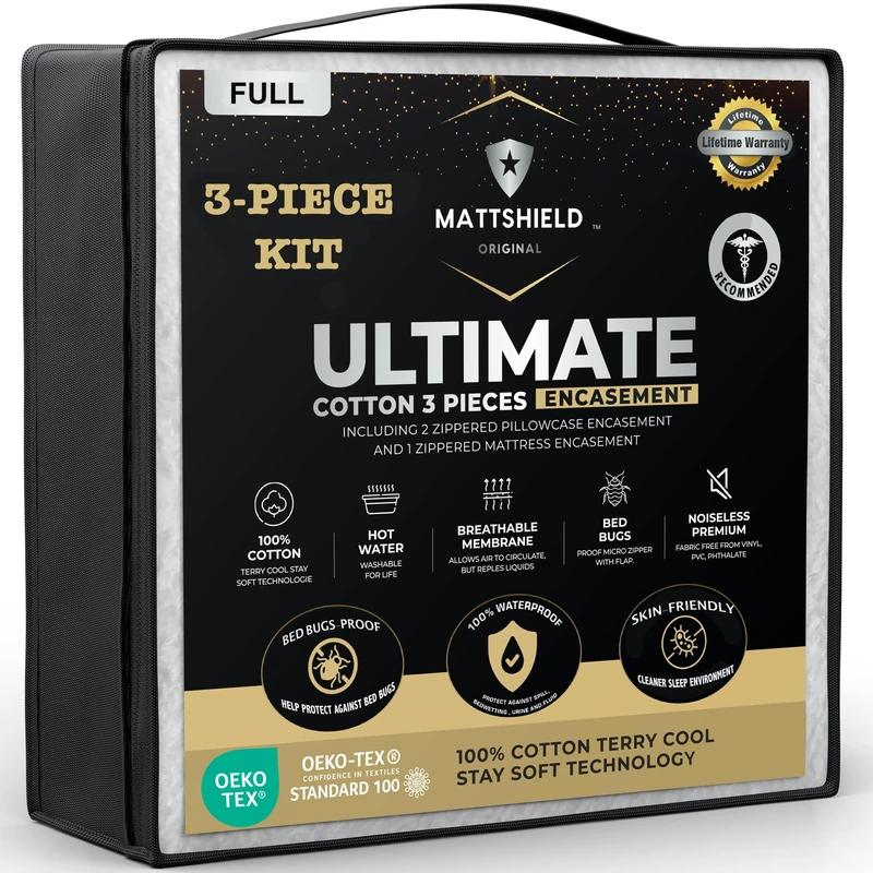 MATTSHIELD New Ultimate 3 Pieces Protection KIT - Full - Mattress Encasement + 2 Pillowcases Encasement - Soft Cotton 100% Waterproof, Bed Bug Proof, Hypoallergenic - Premium Zippered Six-Sided Cover