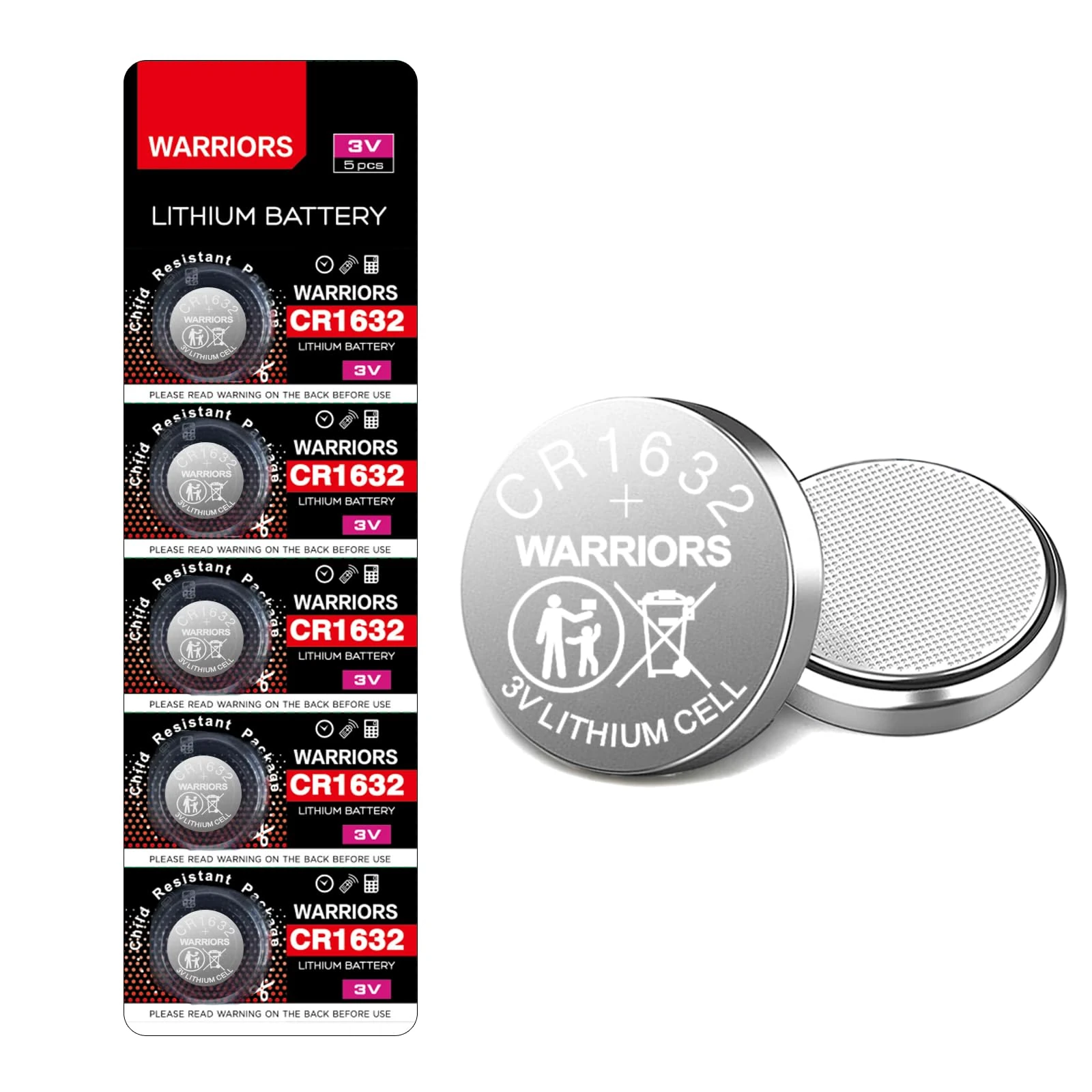 Warriors 5X 1632 CR1632 Coin Button Cell 3V 3 Volt Lithium Batteries Battery 5X Child Resistance Safety Package Retail Pack