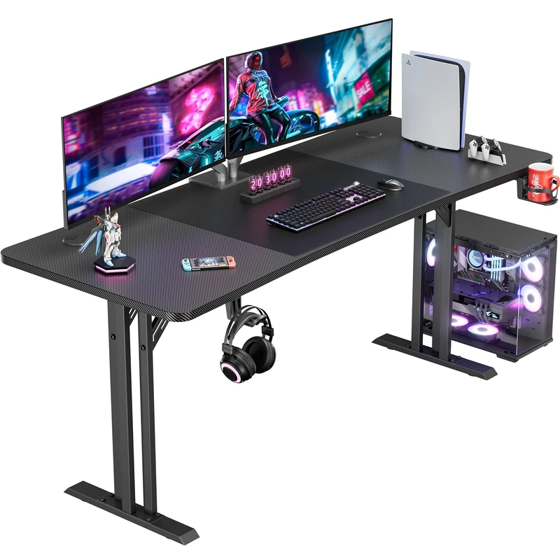 DLONGONE Gaming Desk 160 × 70 cm, Home Office Gamer Desk, Computer Table with Carbon Fiber Desktop, Ergonomic Office Workstation with Mouse Pad, Cup Holder & Headphone Hook, Black