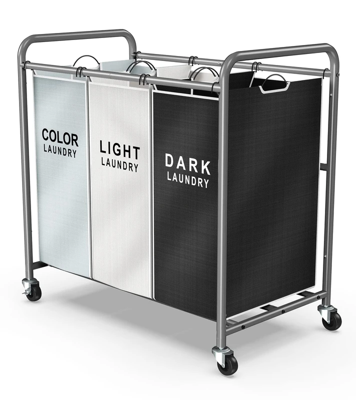 ROMOON Laundry Sorter, 3-Section Laundry Hamper with Wheels, Rolling Laundry Basket with Large Capacity and Removable Bags for Clothes Storage Multicolored