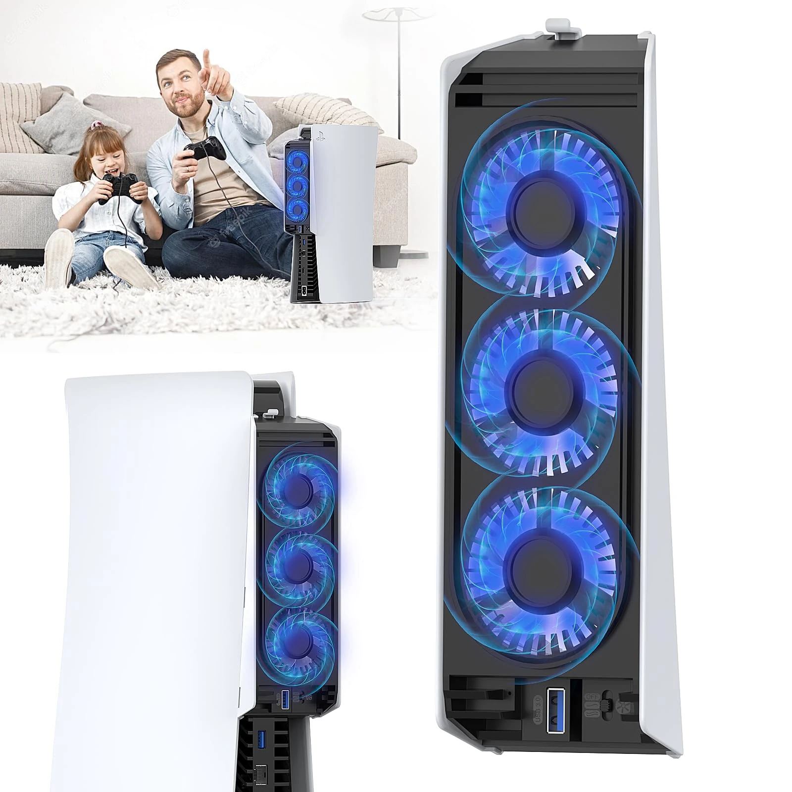 QYCHHJ Cooling Fan for PS5 Cooler Fan for PS5 Accessories with LED Light and 3.0 USB Ports Fan Cooling Fan Compatible with PS5 host digital version or CD version, Not for Ps5 Slim/Pro