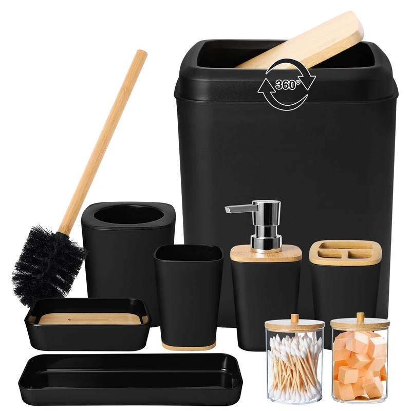 XLHOMO Black Bathroom Accessory Set, 9 Piece Set with Toothbrush Holder, Toothbrush Cup, Lotion Soap Dispenser, Soap Dish, Toilet Brush, Trash Can, Vanity Tray, 2 Qtip Holders