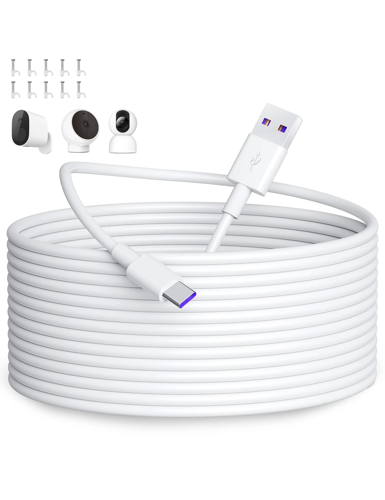 USB C Power Cable 10M, ACOCOBUY Power Extension Cable Type C Charging Cord for Mi Smart Camera C301 C400 C500 Pro Dual C700 2K Magnetic Mount USB A to C Long Charging Cord for Security Camera White