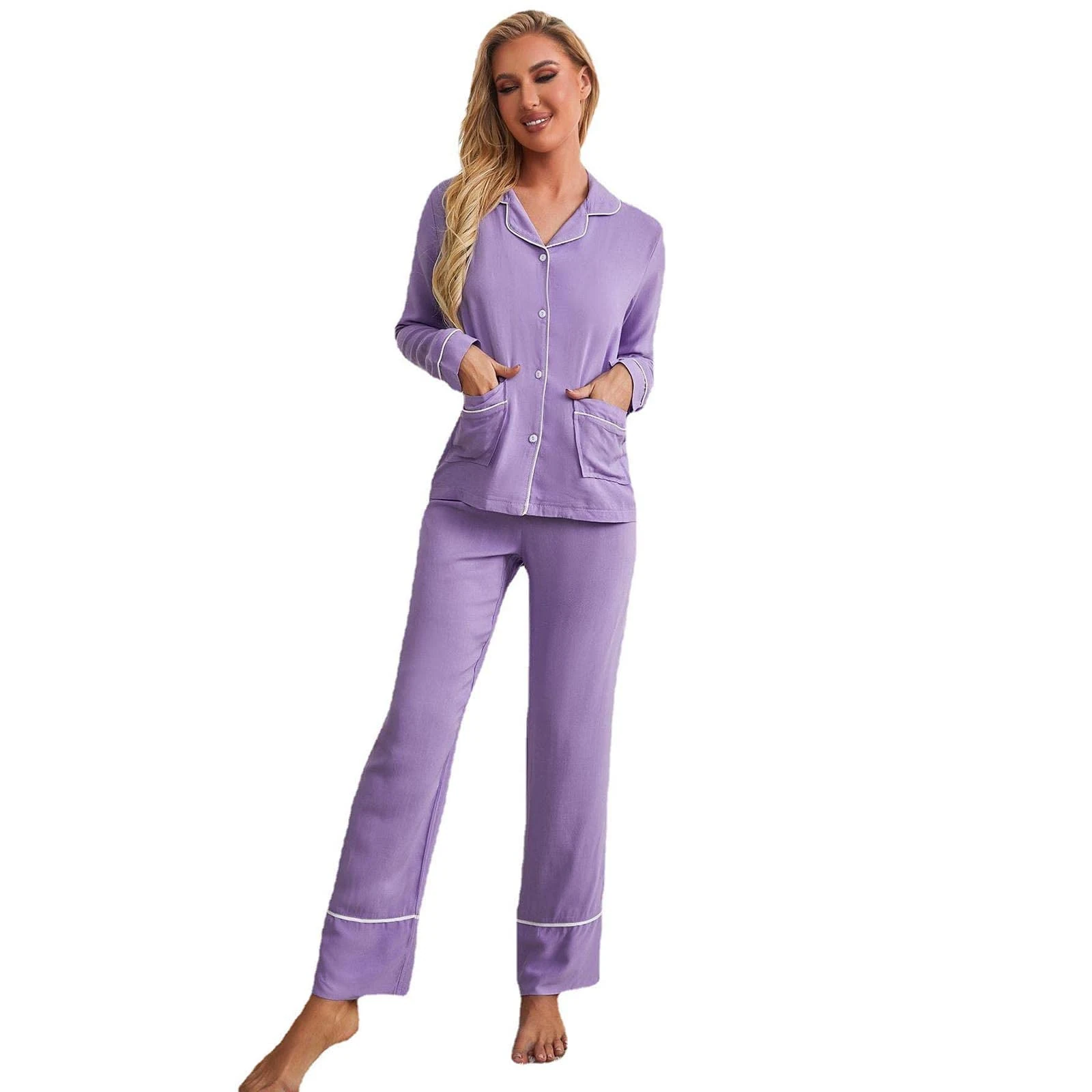 Womens Pajamas Loungewear Two Piece Sleepwear Button Down Pj Set Nightgown for Women,Purple,M