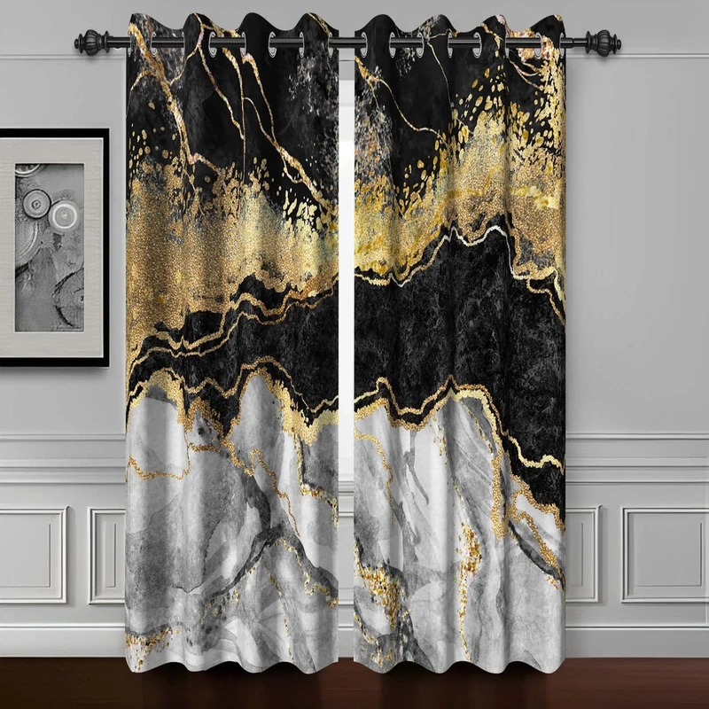 Baocicco Black Gold Marble Window Curtains for Bedroom Art Design - Grey Drapes for Living Room Modern Luxury Gold Texture Blackout Curtains with Grommets 2 Panels 42x63 Inch