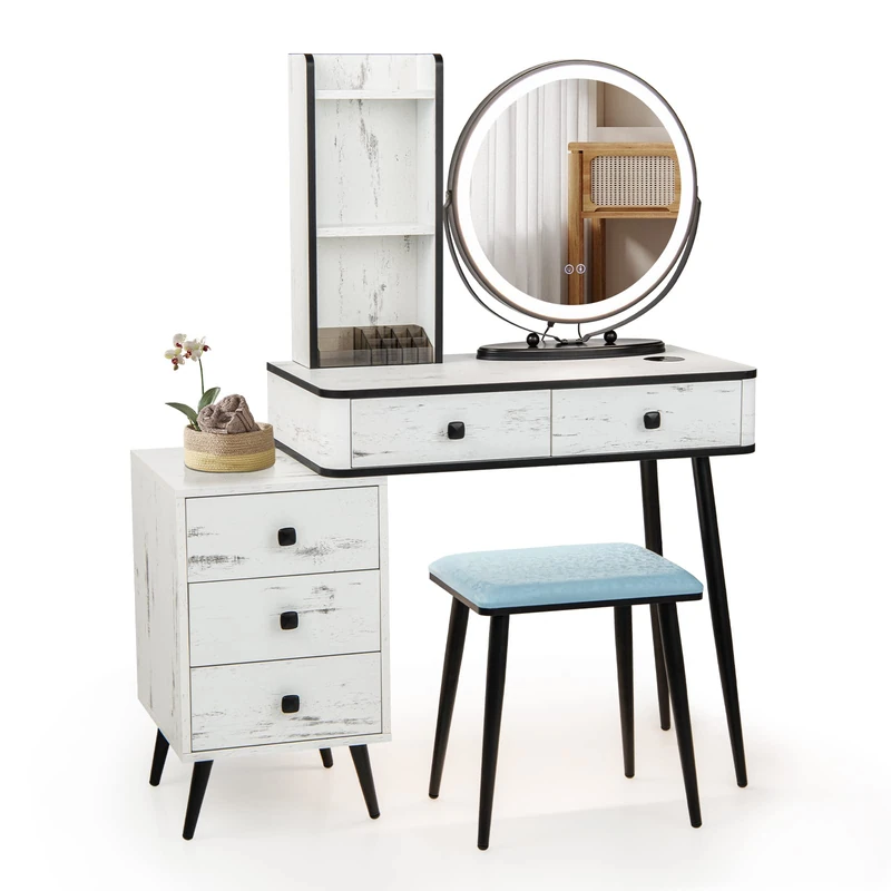RELAX4LIFE Dressing Table and Stool Set, Vanity Desk Set with 5 Drawers, Storage Shelves, 3-Color LED Lights & Charging Function, Makeup Dresser Desk Bedroom Furniture (White, Round Mirror)