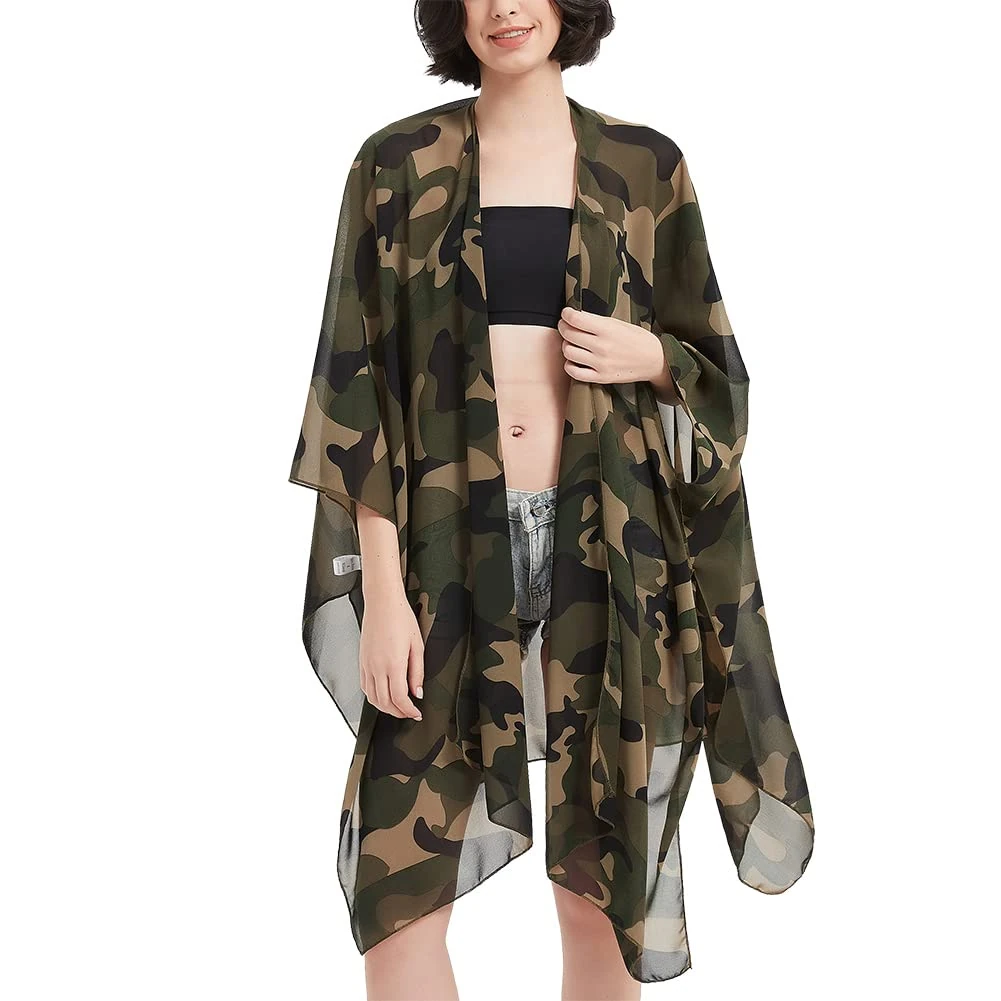 Women's Kimono Cardigan Long Chiffon Floral Swimsuit Cover up Bohemian Beachwear Bikini Shawl Tops Army Green Camouflage