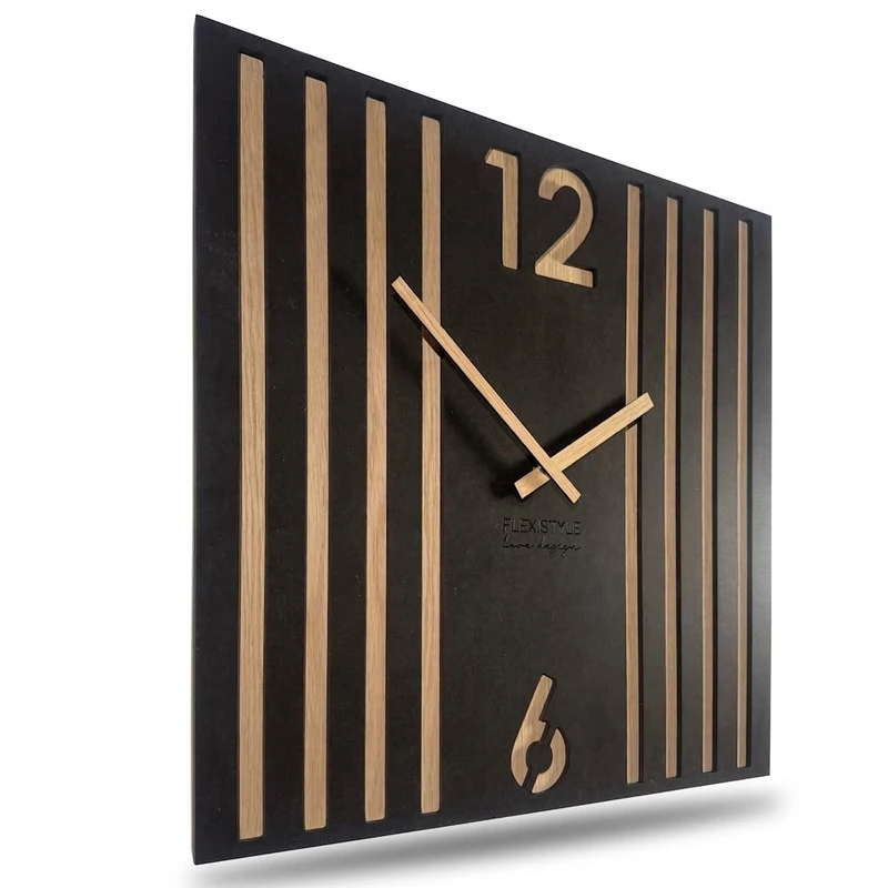 FLEXISTYLE modern wall clock oak slats 30cm square wooden oak silent non ticking unusual design for living room bedroom office