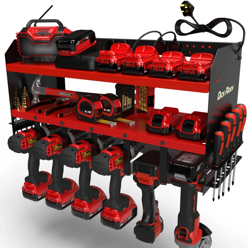 Toolganize Power Tool Organiser, Storage Rack with Power Strip Charging Station, Heavy-Duty for Workshop & Garage Tools - 6 Slot, Milwaukee Red.