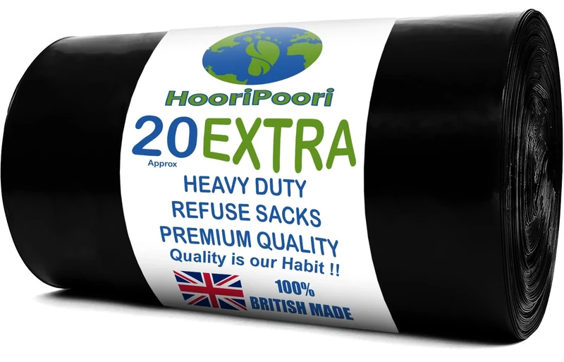 HooriPoori 100L 20 Extra Large Black Heavy Duty Bin Bags, 50 μm Strong Leak & Tear Resistant Dustbin Bags Roll, Bin Liners, Heavy Duty Bin Bag, Refuse Sacks 100% Recycled Material & Eco Friendly
