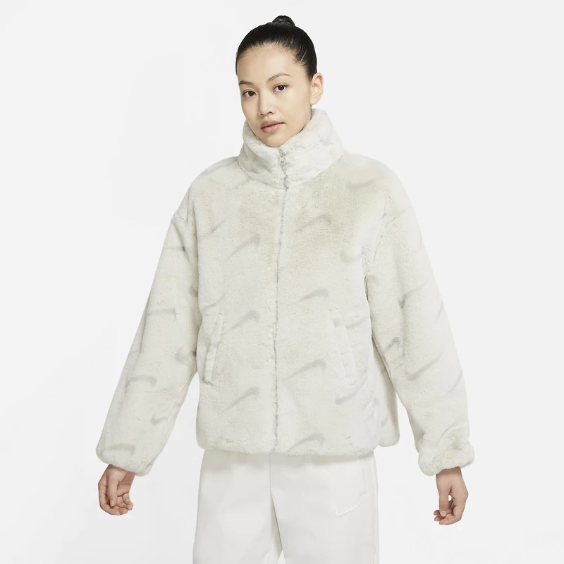 Nike Women's Faux Fur Aop Swoosh Jacket, Light Bone/Light Iro, M