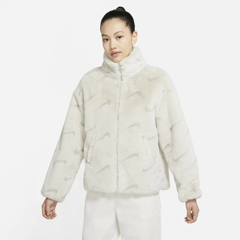 Nike Women's Faux Fur Aop Swoosh Jacket, Light Bone/Light Iro, L