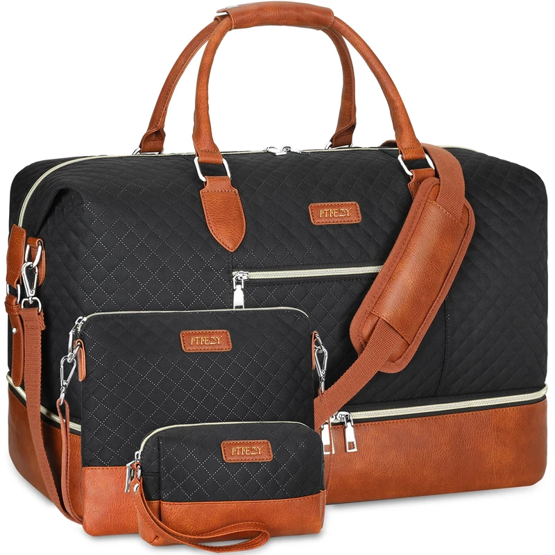 Weekender Bag for Women - Carry On Overnight Duffel with Shoe Compartment, Large Nylon Travel Tote, 4-Black, L