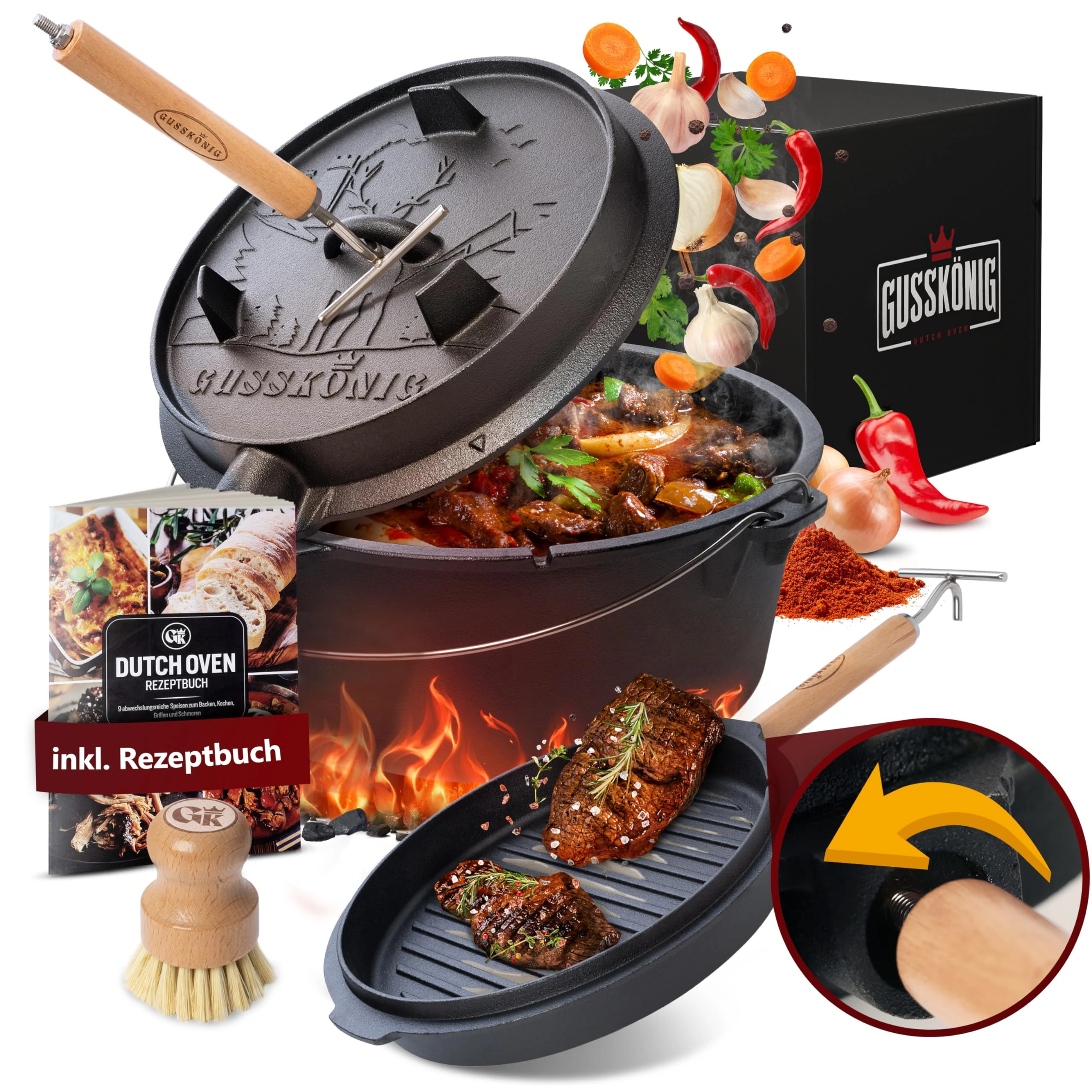 GUSSKÖNIG Pre-Seasoned Dutch Oven Set - 4.5 L Cast Iron Dutch Oven Pot with Lid, Fire Pot with Feet for Bread Baking & Cooking - Includes 2-in-1 Lid Lifter, Brush & Recipe Book [for 1-3 People]
