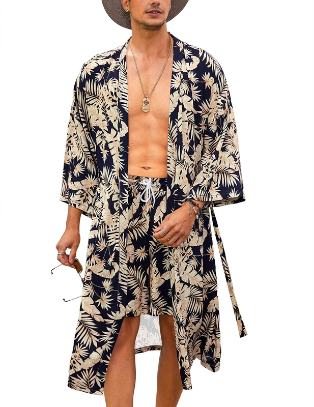 COOFANDY Men Lightweight 2 Piece Kimono Robe with Shorts Japanese 3/4 Sleeve Robes Casual Open Front Long Cardigan With Belt, Navy Blue(leaves), Large