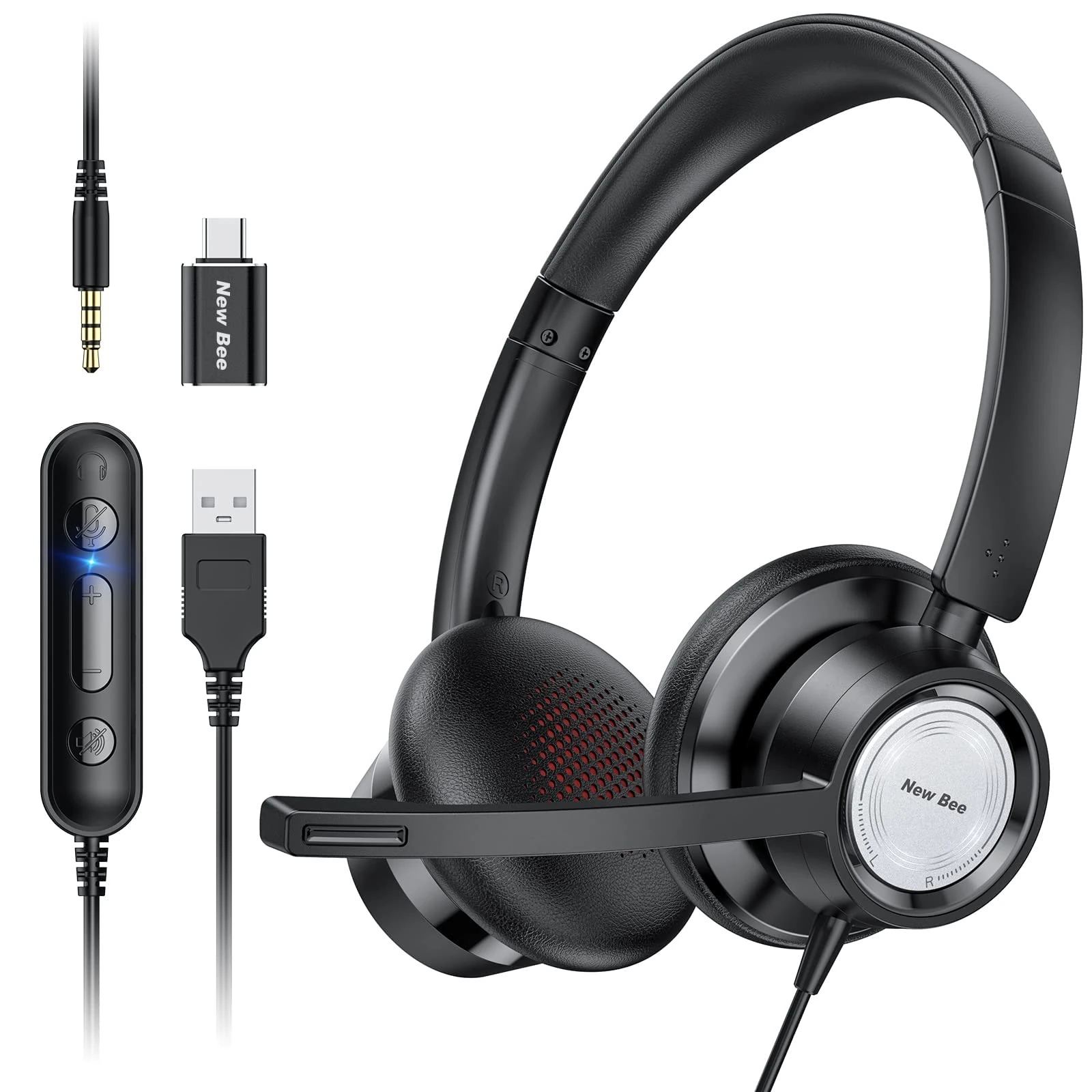 New bee USB Headset with Microphone, Headphones with Microphone,PC Headset USB Type-C 3.5 mm for Call Centre/Telephone Conferencing/Skype Chat/Online Courses (black)