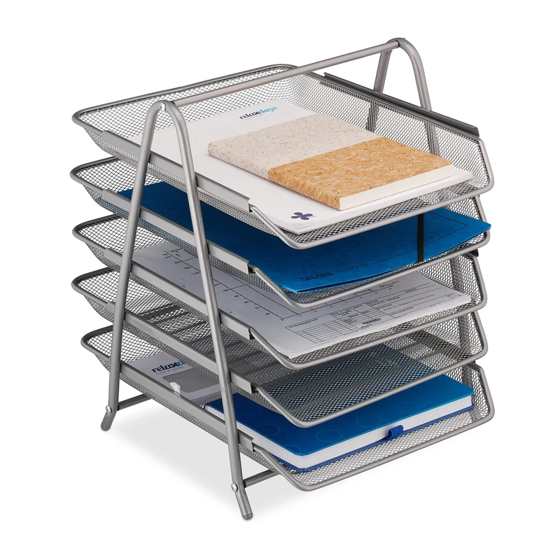 Relaxdays Document, 5 Compartments, Filing System, Mesh, Letter Tray A4, HxWxD: 37.5 x 30 x 35.5 cm, Metal, Silver, Steel