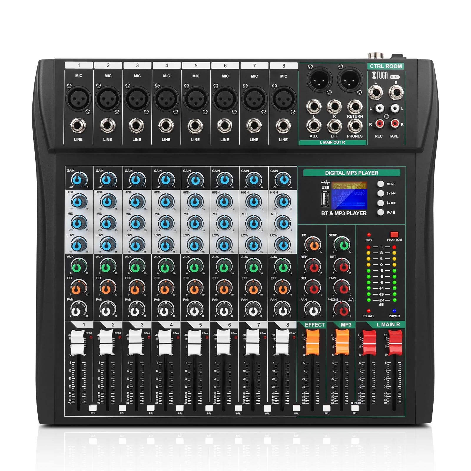XTUGA CT80 8 Channel Audio Mixer for PC Recording Professional Sound Board Built-in Digital Effect Studio Mixer with 48V Phantom Power RCA Input Output MP3Bluetooth EQ