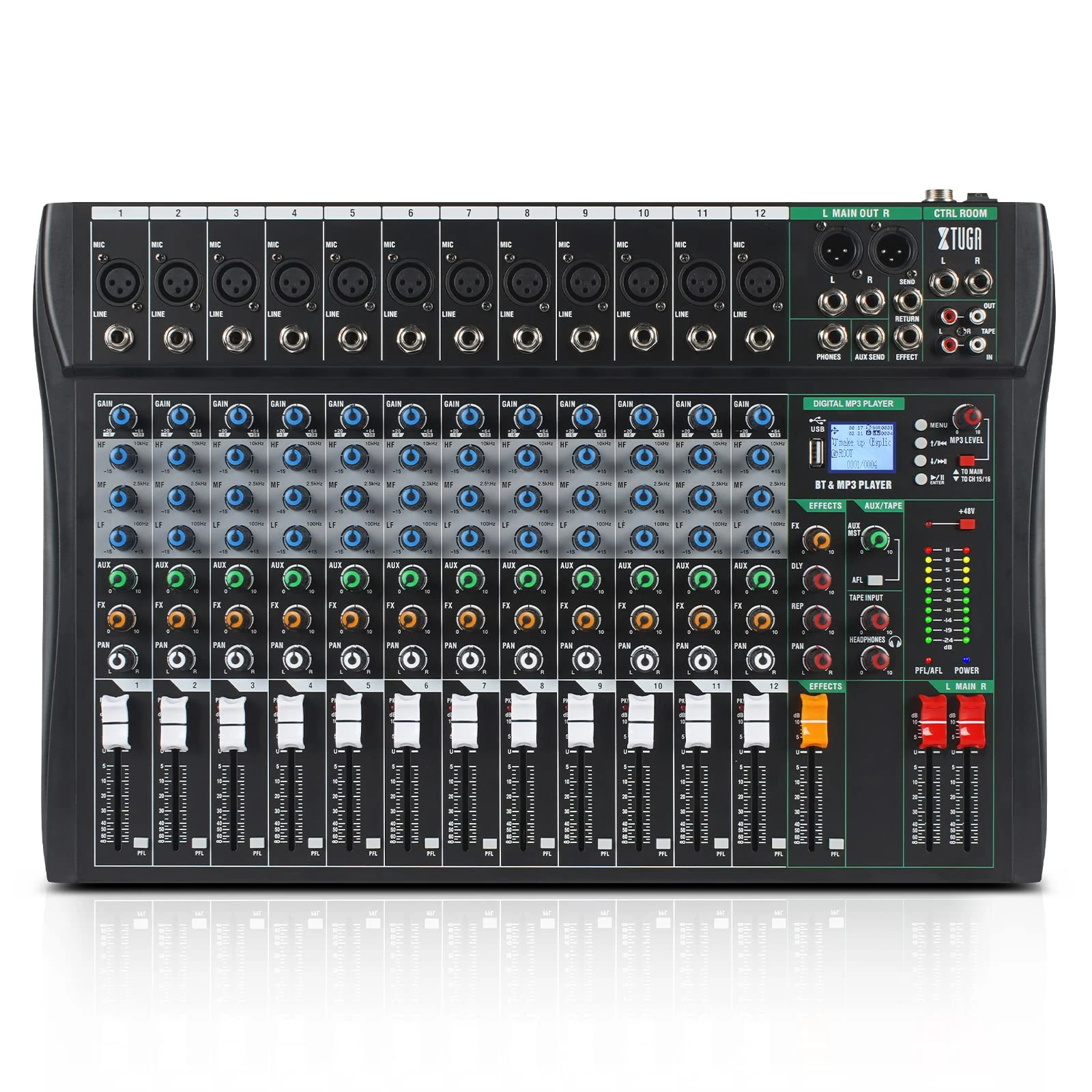 XTUGA CT120 12 Channel Audio Mixer for PC Recording Professional Sound Board Built-in Digital Effect with 48V Phantom Power,RCA Input/Output,MP3,Bluetooth,EQ